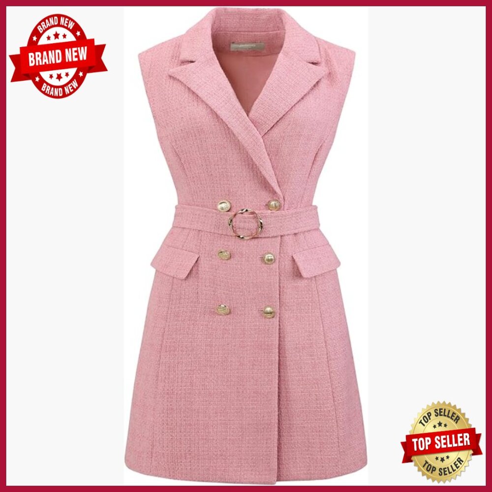Sleeveless Tweed Work Dress With Belt Collar Button Down Blazer Style